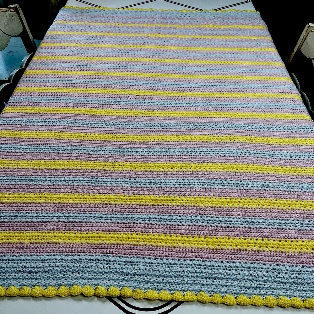 Handmade Crochet Rectangle Baby Blanket Afghan Yellow Blue Pink 53.5" x 45"